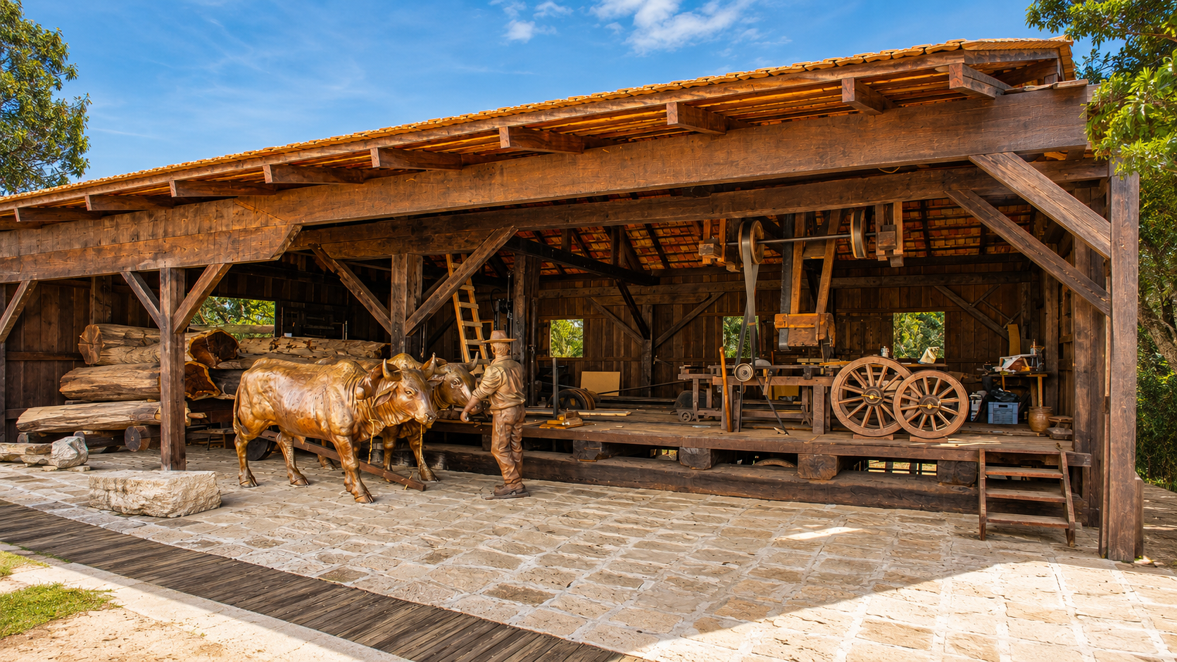 Serraria Histórica com esculturas de bois e carreteiro